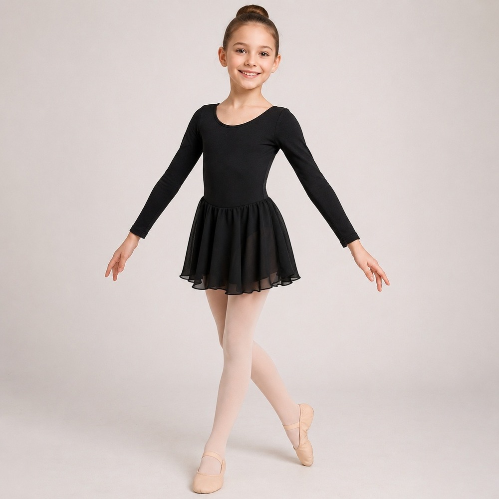 Arshiner Girls Black Long Sleeve Ballet Dance Leotard Dress Chiffon Size 140